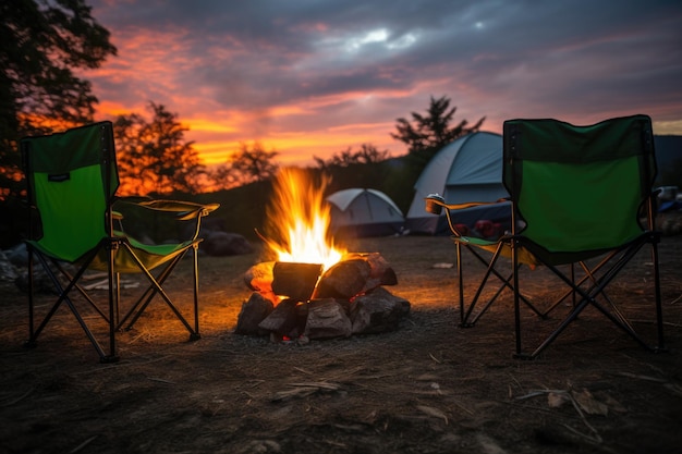 Two camping chairs in front of a bonfire