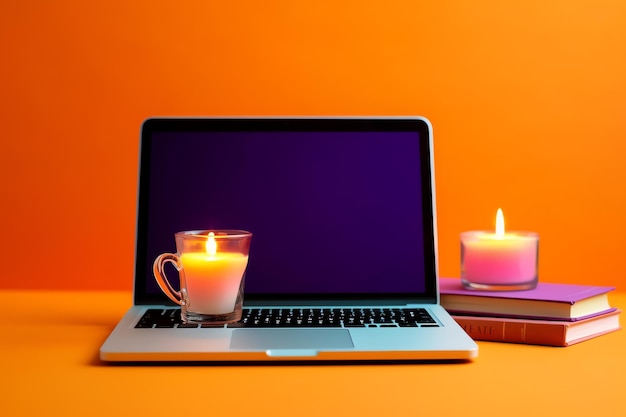 Photo two candles are next to a laptop with a lit candle on the front