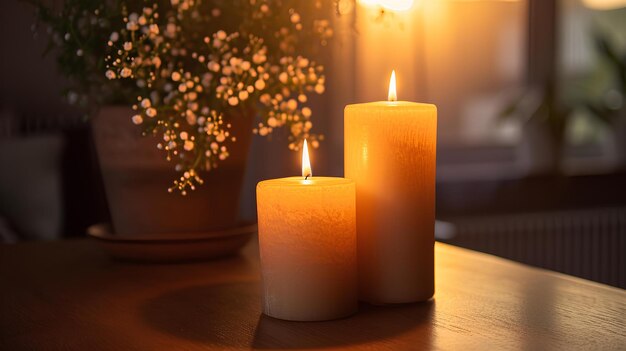 Two candles are sitting on the table at sunset