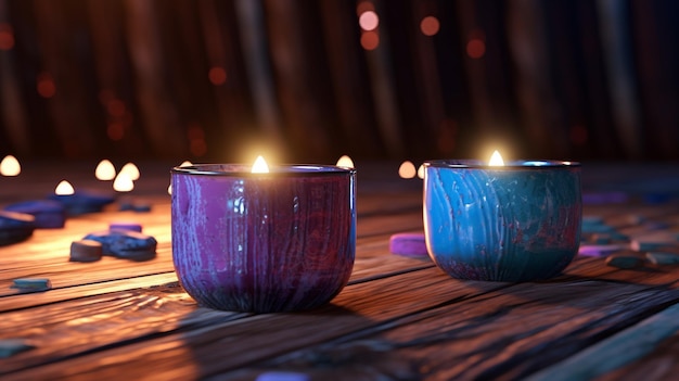 Two candles on a table with a dark background