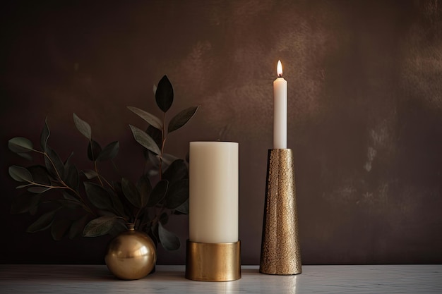 Two candles and a vase on a table