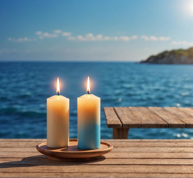 two candles on a wooden tray with the ocean in the background