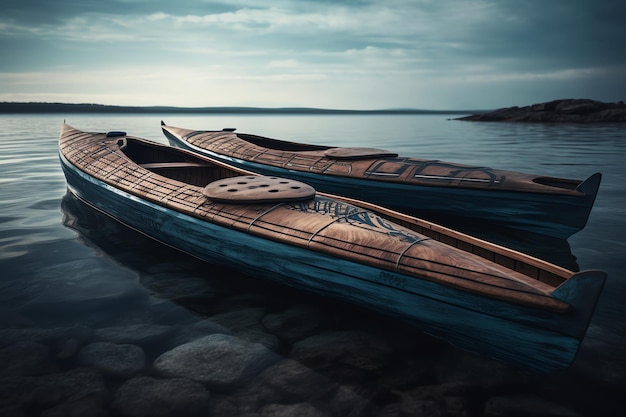 Two canoes are sitting in the water