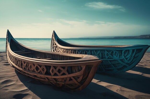 Two canoes on the beach with the sky in the background