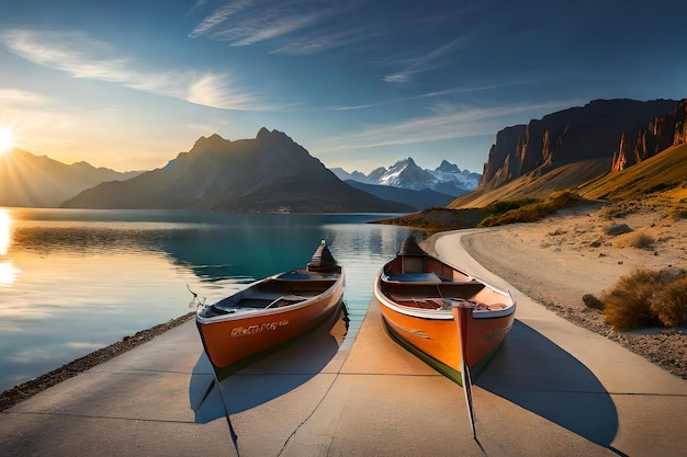 Two canoes on a dock with mountains in the background