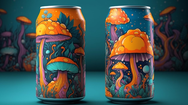 Two cans of beer with mushrooms on the side.