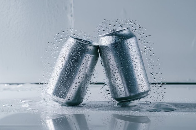 Photo two cans of soda are in a glass of water