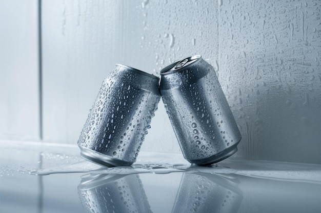 Photo two cans of soda are sitting in a glass table