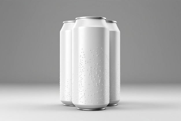 Two cans of water are on a table with a grey background.