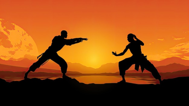 Two capoeira fighters in silhouette outdoors during sunset