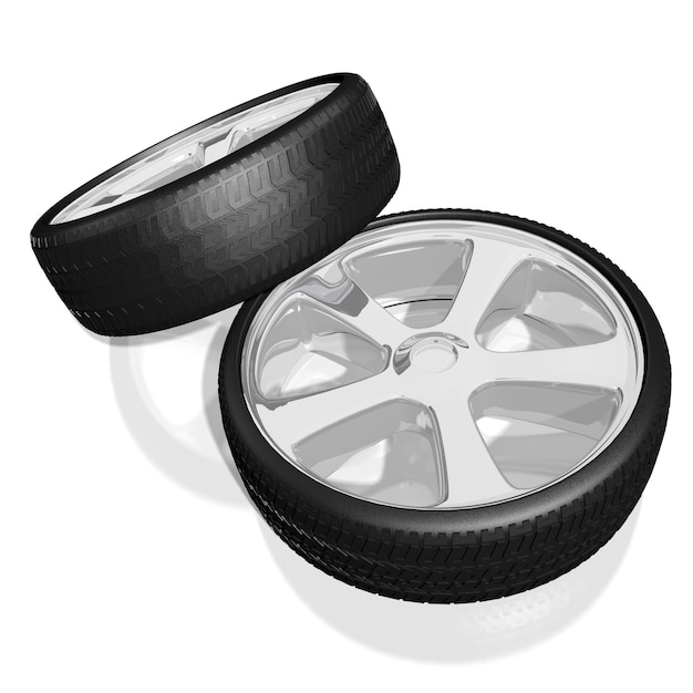 Two car wheels on white background 3D illustration