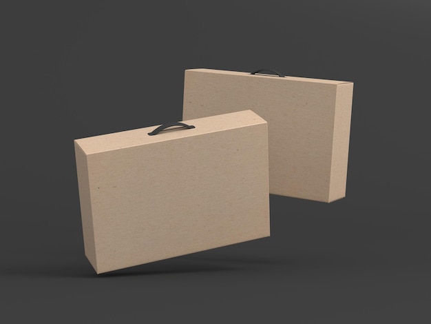 Фото Две картонные коробки с ручками, летающие на темном фоне, упаковывают 3d-рендеринг
