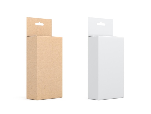 Two Cardboard Boxes with Hang Tab packaging Mockup white and kraft brown 3d rendering