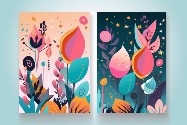 две открытки с цветами и звездами на них, генеративный ай