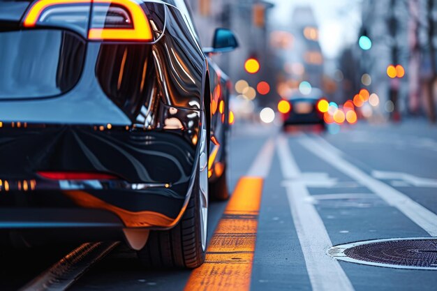 写真 2台の車が道路のに駐車し都市駐車場の染みのあるシーンを生み出しています 電気自動車はワイヤレス充電レーンで手軽に充電します aiが生成しました