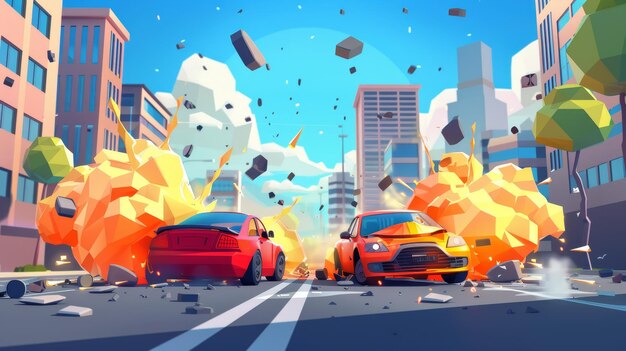 Photo two cars collide on a city street near high rise buildings cartoon illustration of crushed burning vehicles on the street fire and smoke in the air