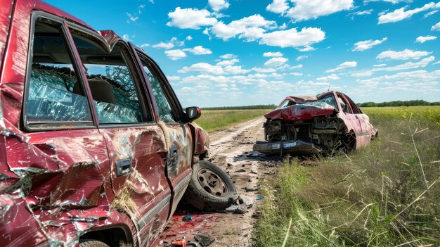 Photo two cars collided on the side of the road causing a chaotic scene with debris scattered everywhere