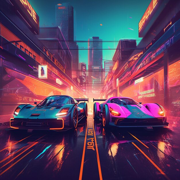 Two cars driving on a city street with neon lights generative ai