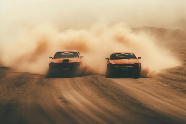 Foto due macchine sfrecciano su una pista con la polvere nell'aria.
