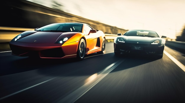 Two cars on a road with one being driven by a lamborghini