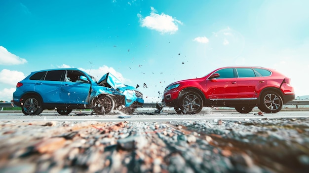 Two cars on the side of the road with their front ends in after a collision under the glaring sun