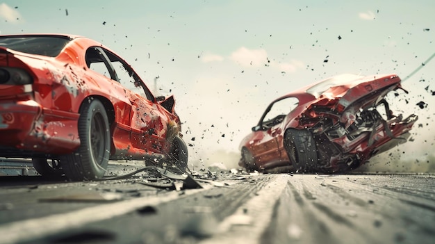 Two cars stand still in the middle of the road after a collision creating a tense and dramatic scene