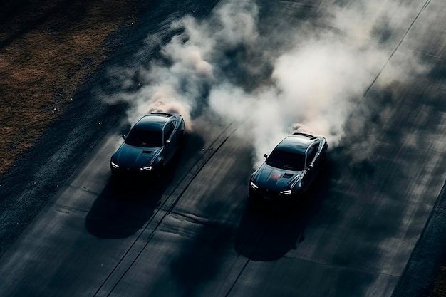 Photo two cars with smoke billowing from the tires