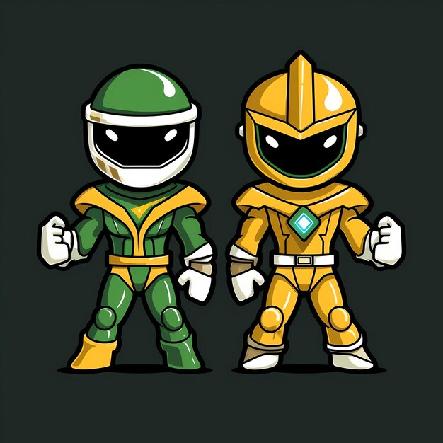 Two cartoon characters of a green and yellow ninja warrior