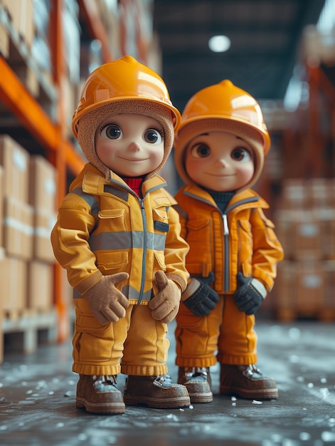 Two cartoon characters wearing orange safety gear stand in a warehouse