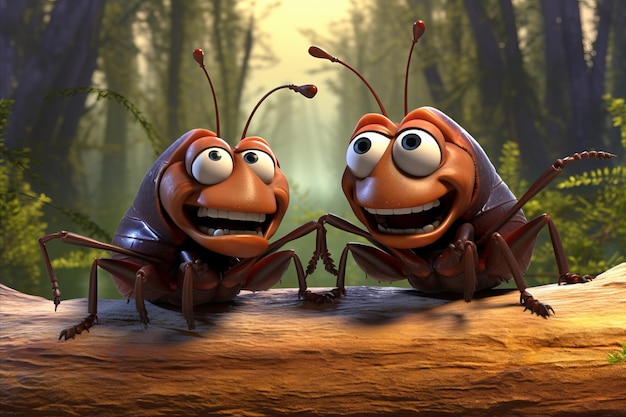 Photo two cartoon cockroaches talking on a log forest background