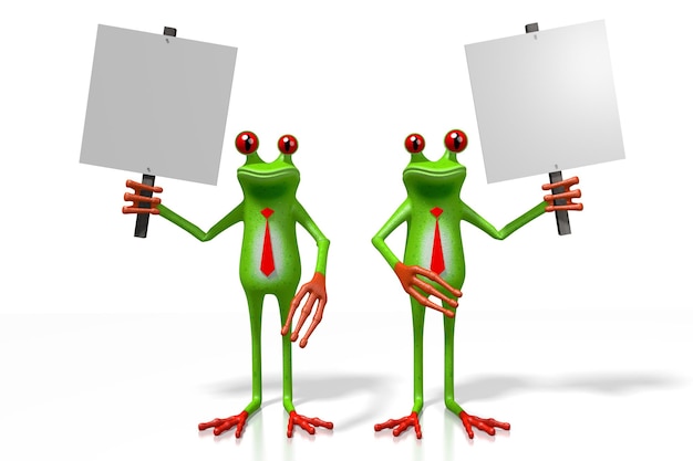 Two cartoon frogs hold empty white baords