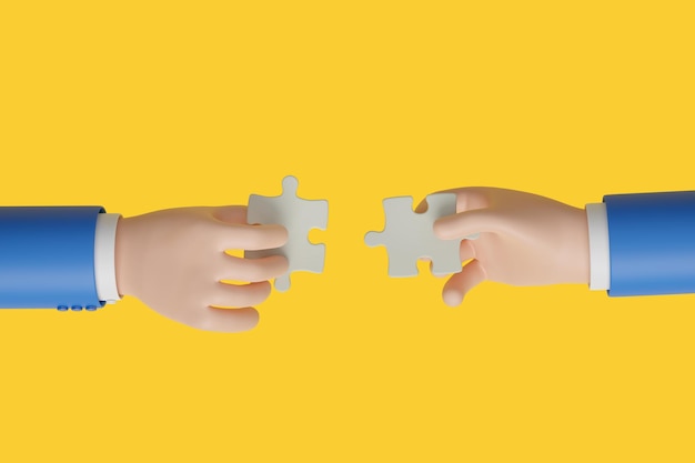 Two cartoon hands connecting jigsaw puzzle Teamwork concept 3d illustration