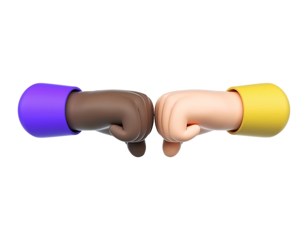 Two cartoon hands fists punching each other  3d render illustration