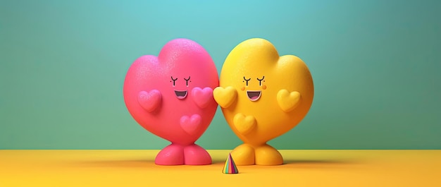 두 개의 만화 심장과 무지개가 노란색 배경 앞에 서 있습니다.