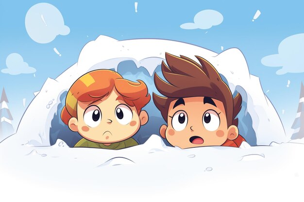 Two cartoon kids peeking out from behind a large snowdrift