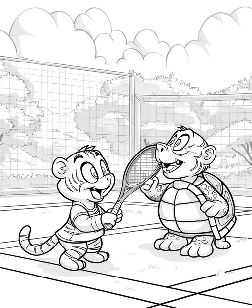 two cartoon monkeys are playing with a giant turtle