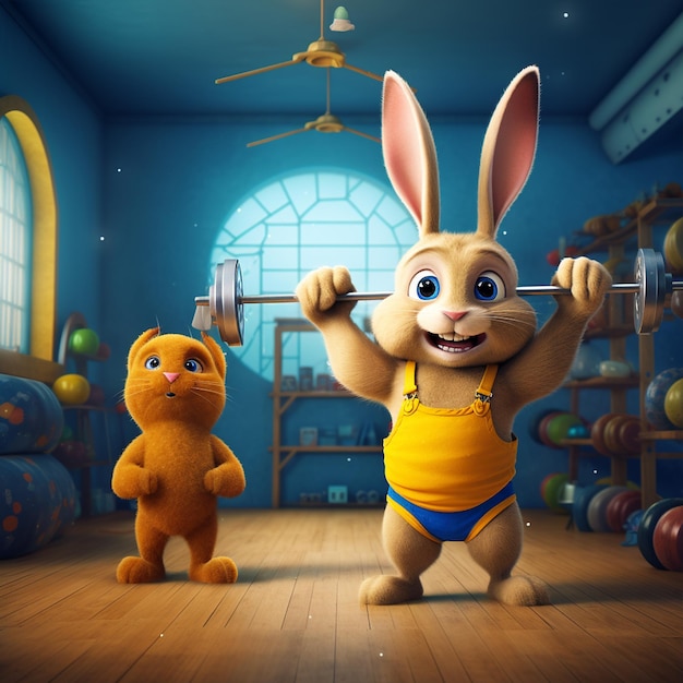 A two cartoon rabbit 3d charcter gym boy