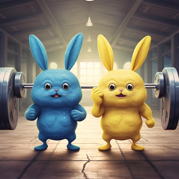 A two cartoon rabbit 3d charcter gym boy