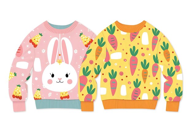 Photo two cartoon rabbit sweaters are shown with a bunny on them