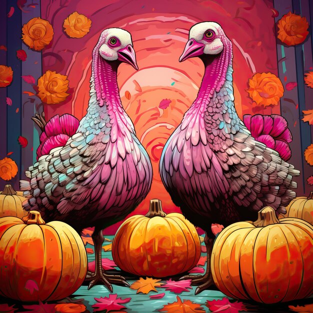 Two cartoon turkeys standing next to pumpkins in the style of colorful eyecatching compositions