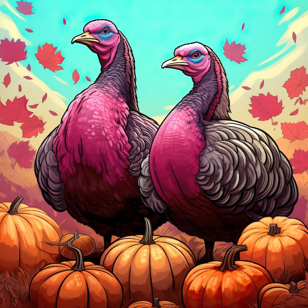 Two cartoon turkeys standing next to pumpkins in the style of colorful eyecatching compositions