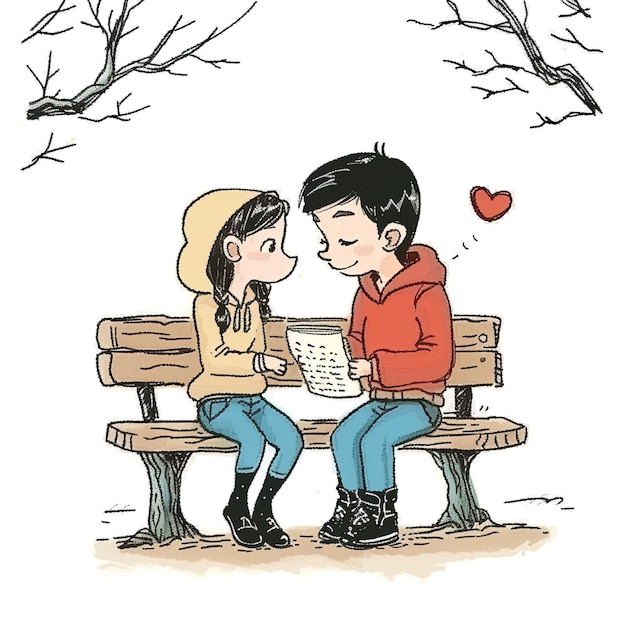 두 명의 만화가 벤치에 앉아 있습니다. 소년은 손에 든 메모에서 시를 읽고 있습니다.