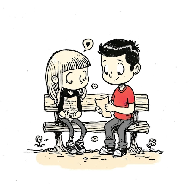 2人の漫画がベンチに座っています少年は手に持ったメモから詩を読んでいます