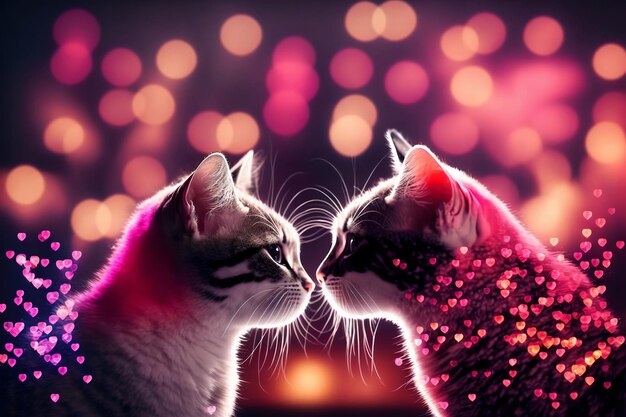 Two cats are kissing Beautiful light bokeh effect Valentine's Day love Couple relationship Postcard greeting card design Generative AI