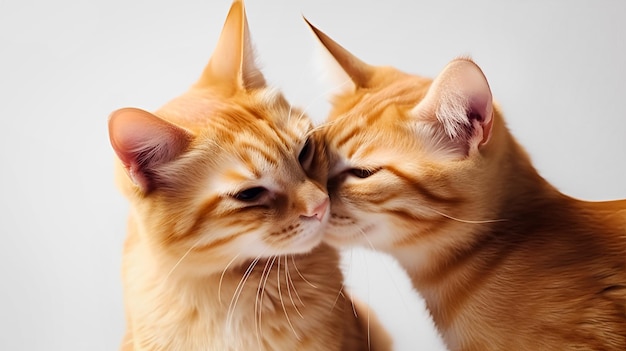 Two cats are kissing on a white background