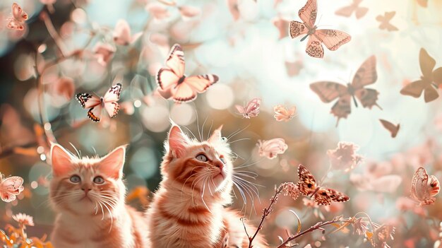 Photo two cats are looking at butterflies in the sky