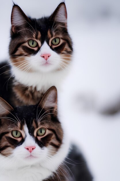 Two cats are looking camera on snow