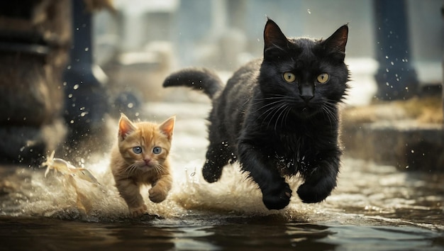 two cats are running in the water and one is black