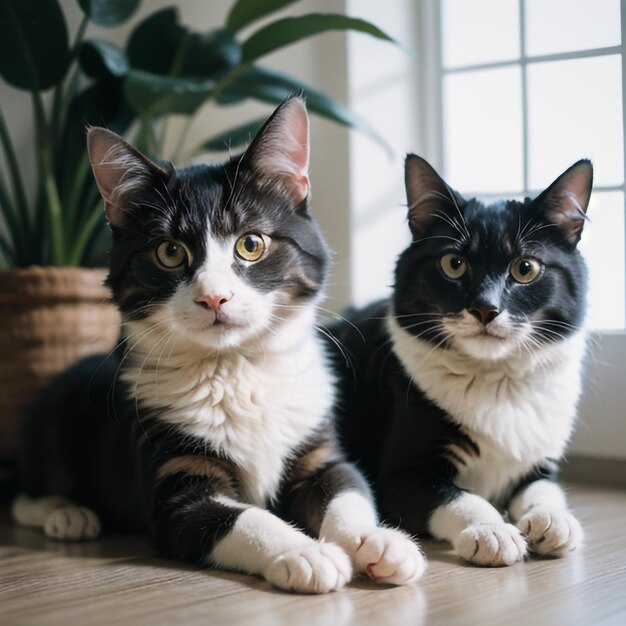 two cats are sitting on the floor and one is black and white