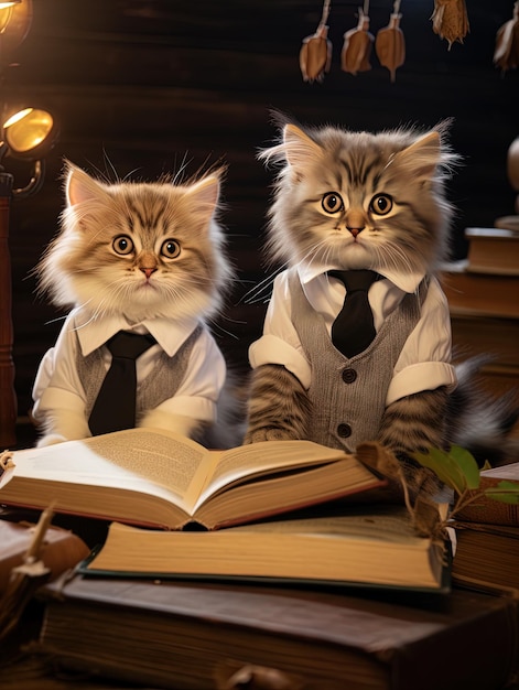 두 마리의 고양이가 테이블 위에 앉아 있고, 한 마리가 "고양이가 읽고 있다"라는 책을 가지고 있다.